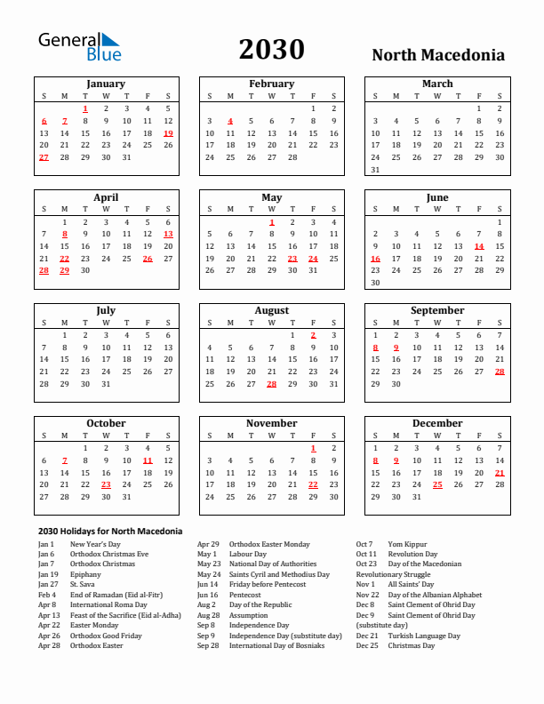 2030 North Macedonia Holiday Calendar - Sunday Start