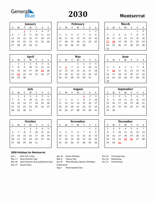 2030 Montserrat Holiday Calendar - Sunday Start