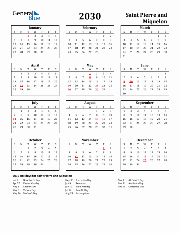 2030 Saint Pierre and Miquelon Holiday Calendar - Sunday Start