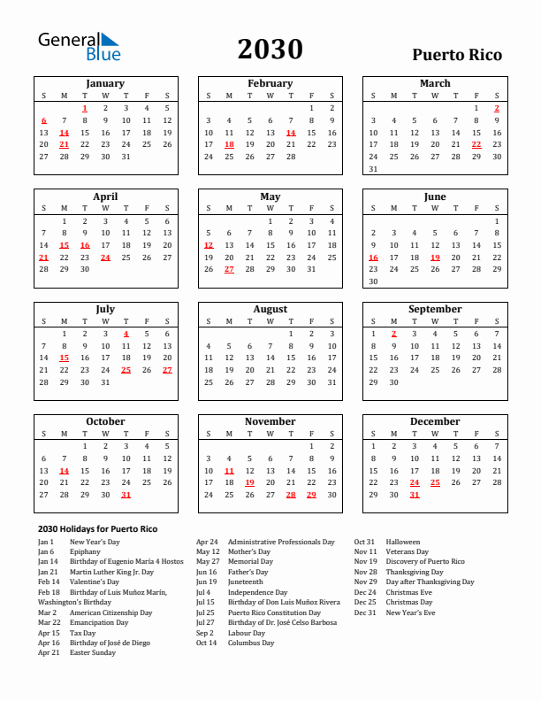 2030 Puerto Rico Holiday Calendar - Sunday Start