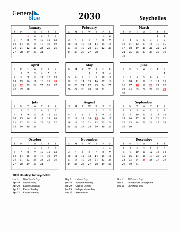 2030 Seychelles Holiday Calendar - Sunday Start