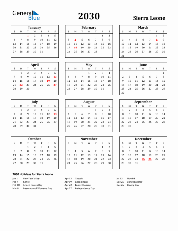 2030 Sierra Leone Holiday Calendar - Sunday Start