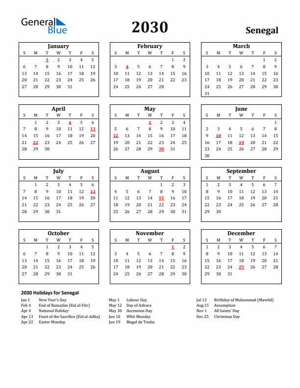 2030 Senegal Holiday Calendar - Sunday Start