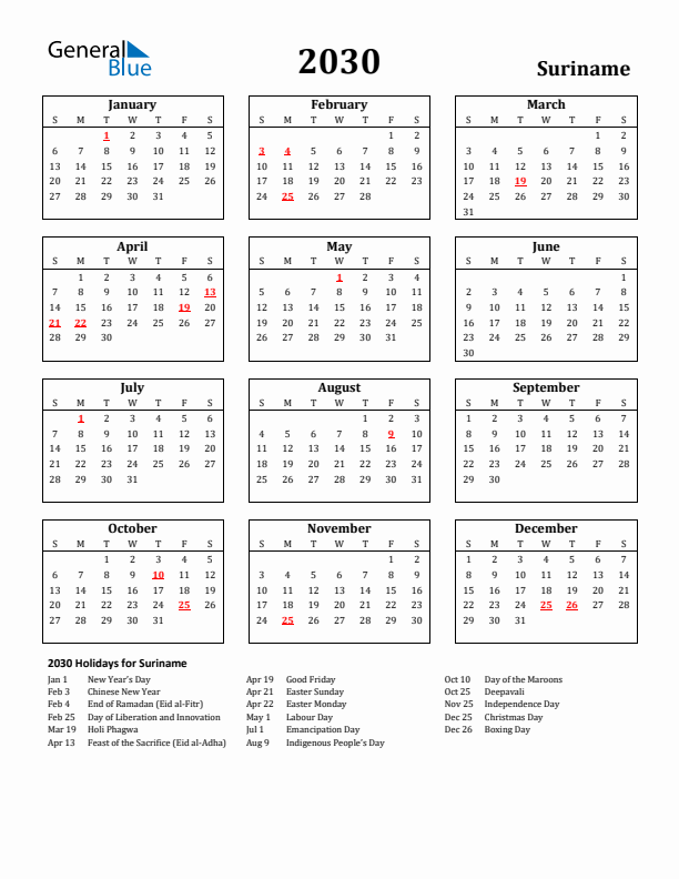 2030 Suriname Holiday Calendar - Sunday Start