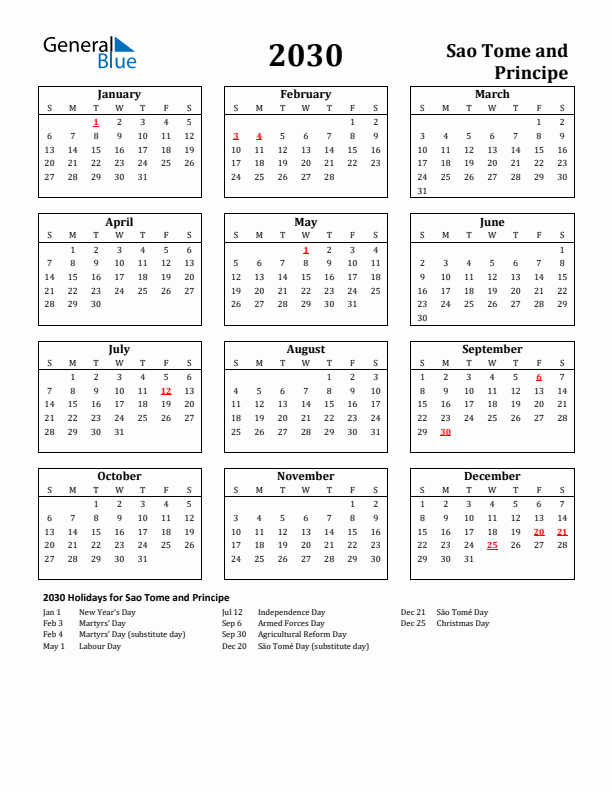 2030 Sao Tome and Principe Holiday Calendar - Sunday Start