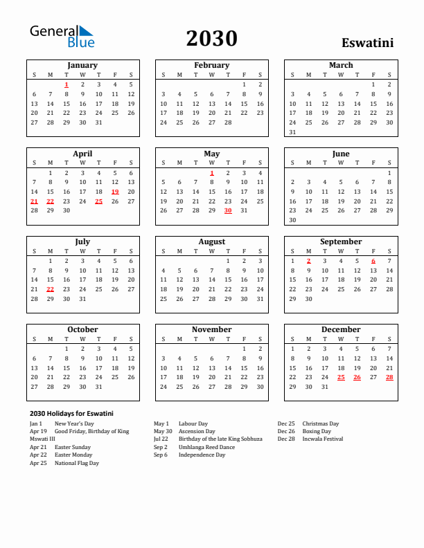 2030 Eswatini Holiday Calendar - Sunday Start