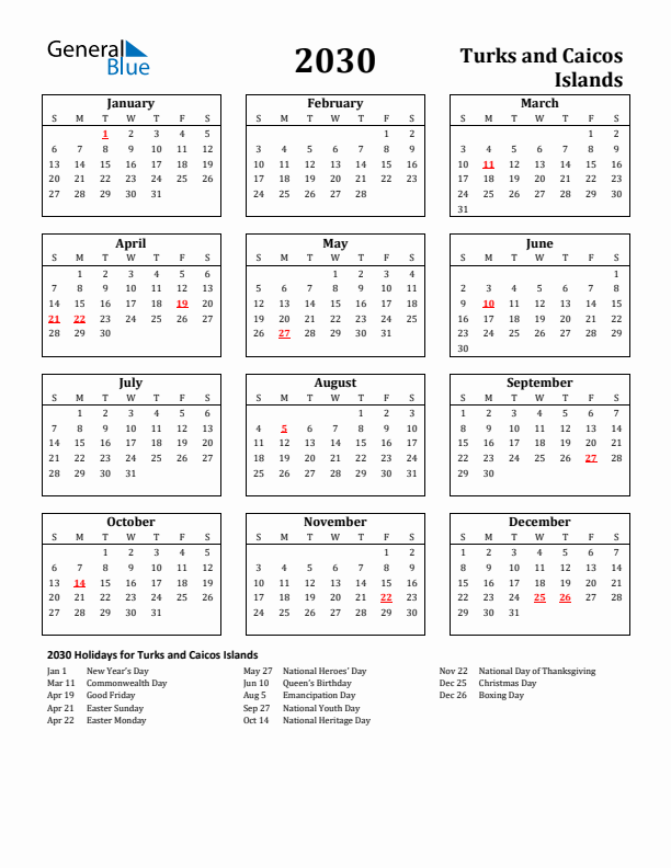 2030 Turks and Caicos Islands Holiday Calendar - Sunday Start
