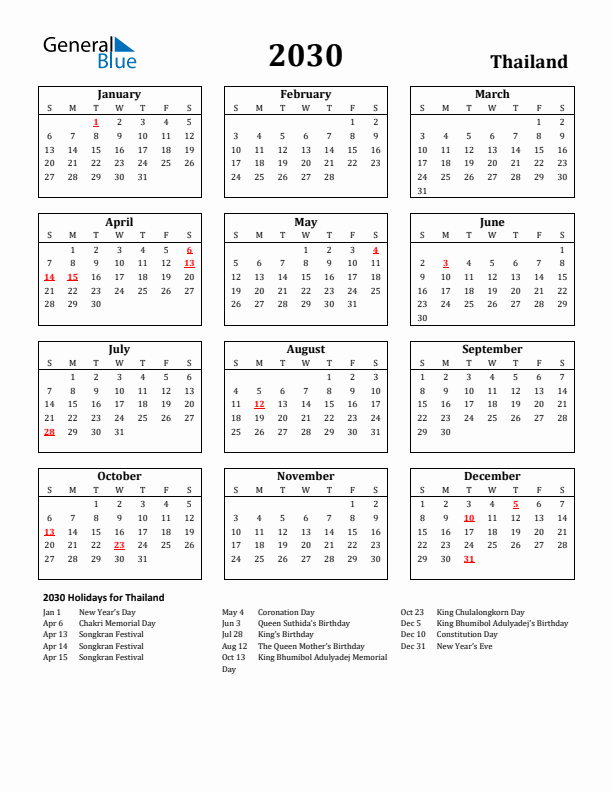 2030 Thailand Holiday Calendar - Sunday Start