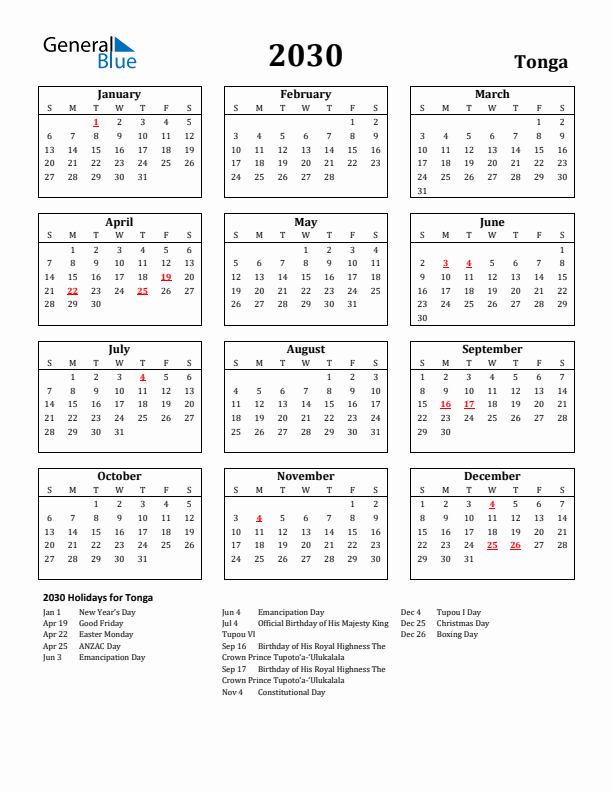 2030 Tonga Holiday Calendar - Sunday Start