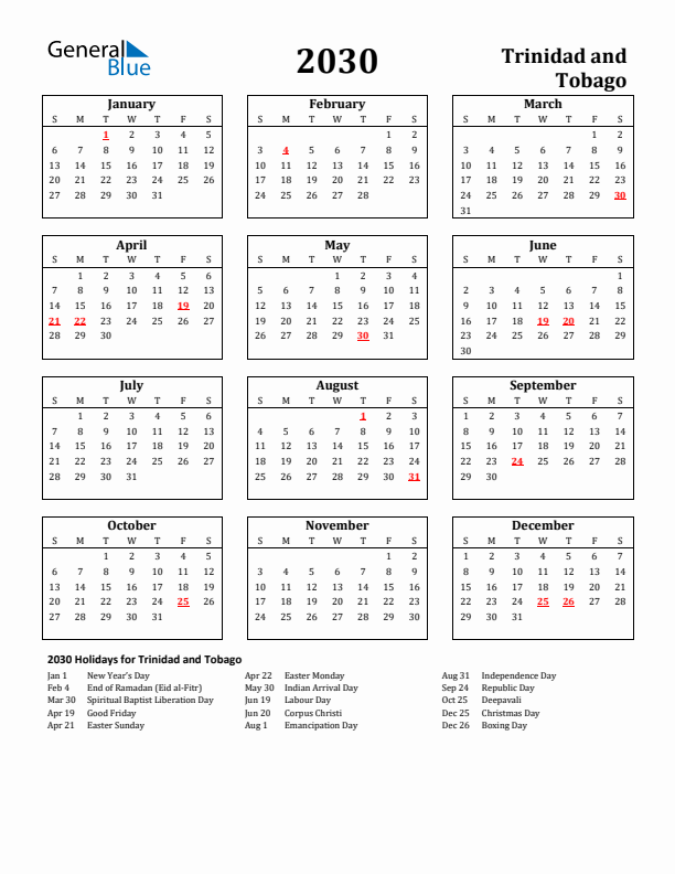 2030 Trinidad and Tobago Holiday Calendar - Sunday Start