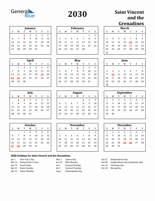 2030 Saint Vincent and the Grenadines Holiday Calendar - Sunday Start