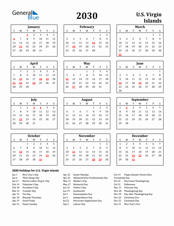 2030 U.S. Virgin Islands Holiday Calendar - Sunday Start