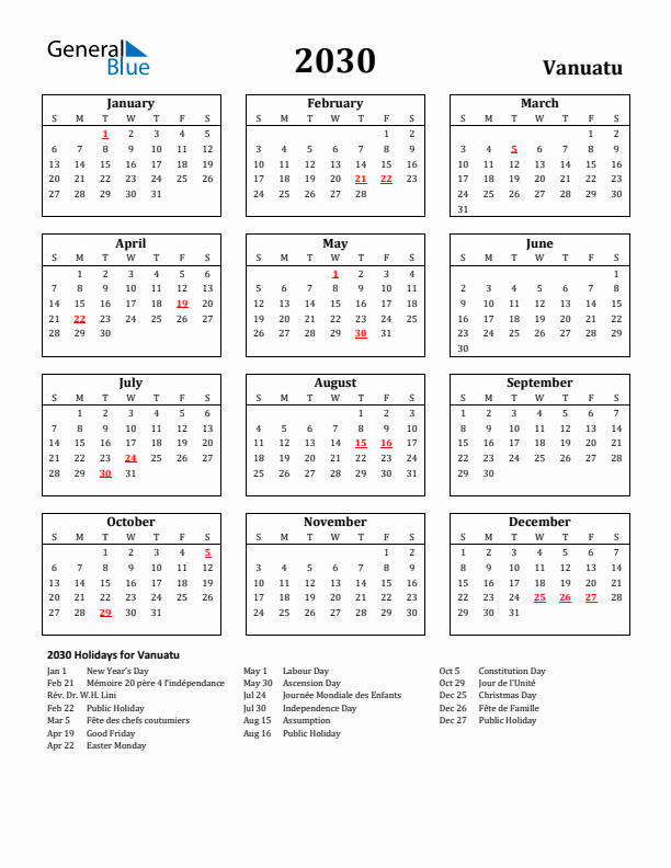 2030 Vanuatu Holiday Calendar - Sunday Start