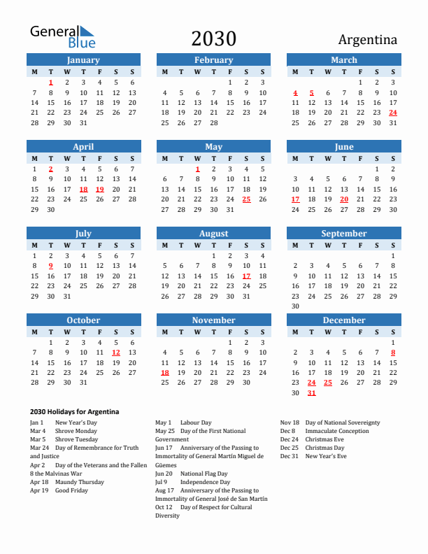 Printable Calendar 2030 with Argentina Holidays (Monday Start)