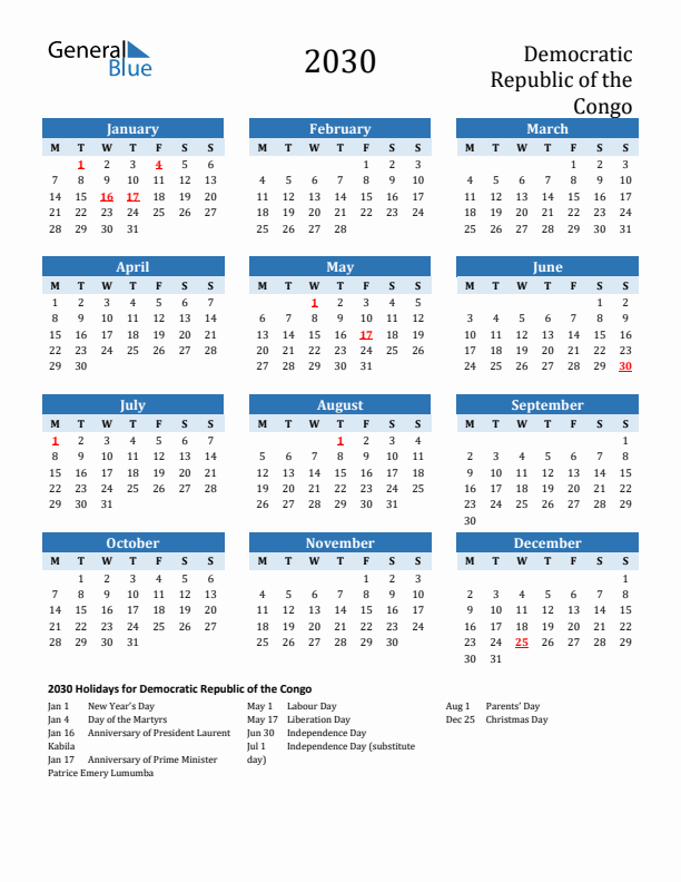 Printable Calendar 2030 with Democratic Republic of the Congo Holidays (Monday Start)