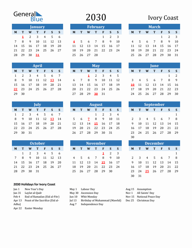 Printable Calendar 2030 with Ivory Coast Holidays (Monday Start)