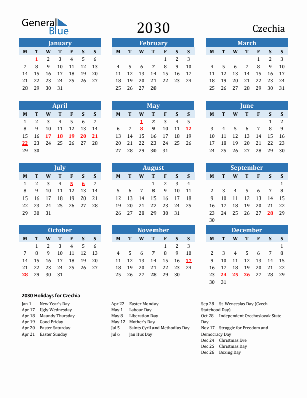 Printable Calendar 2030 with Czechia Holidays (Monday Start)