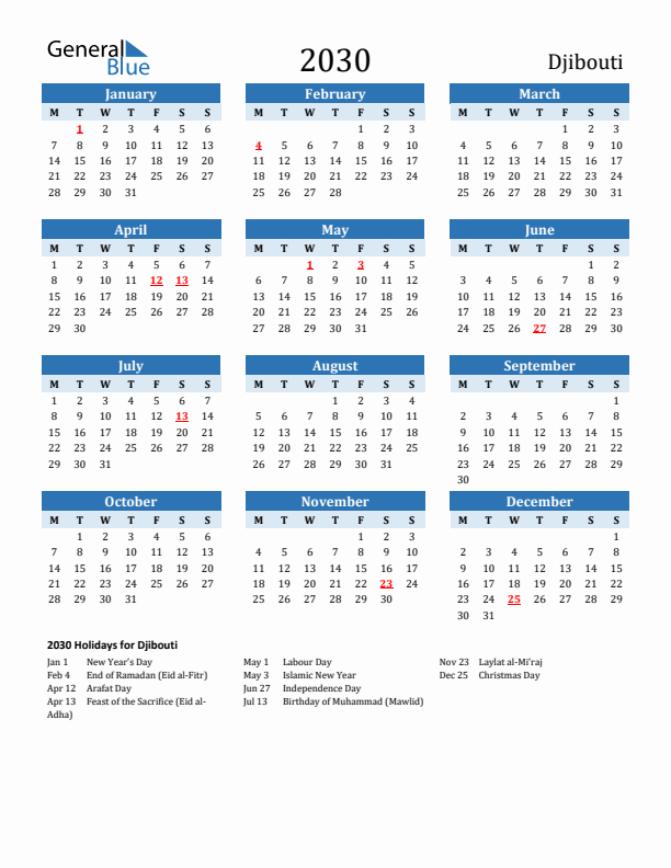 Printable Calendar 2030 with Djibouti Holidays (Monday Start)