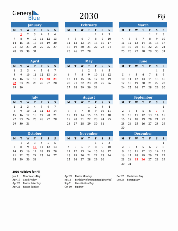 Printable Calendar 2030 with Fiji Holidays (Monday Start)