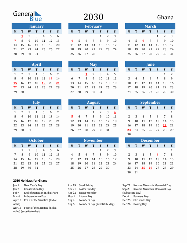Printable Calendar 2030 with Ghana Holidays (Monday Start)