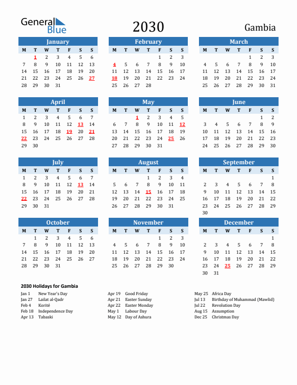 Printable Calendar 2030 with Gambia Holidays (Monday Start)