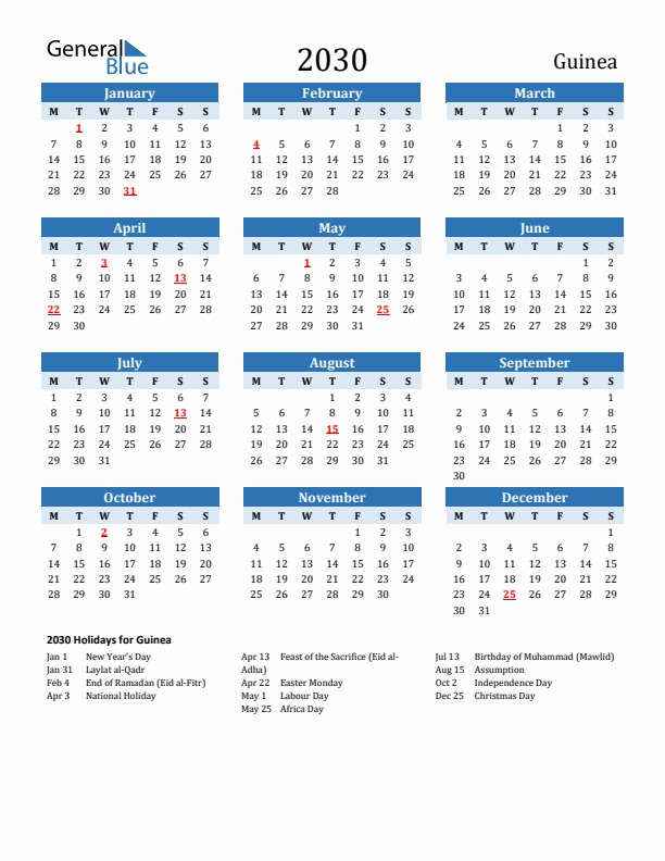Printable Calendar 2030 with Guinea Holidays (Monday Start)