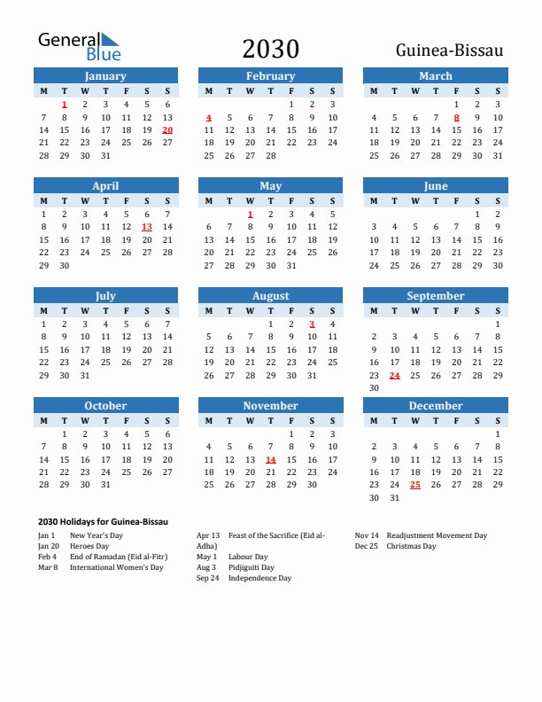 Printable Calendar 2030 with Guinea-Bissau Holidays (Monday Start)