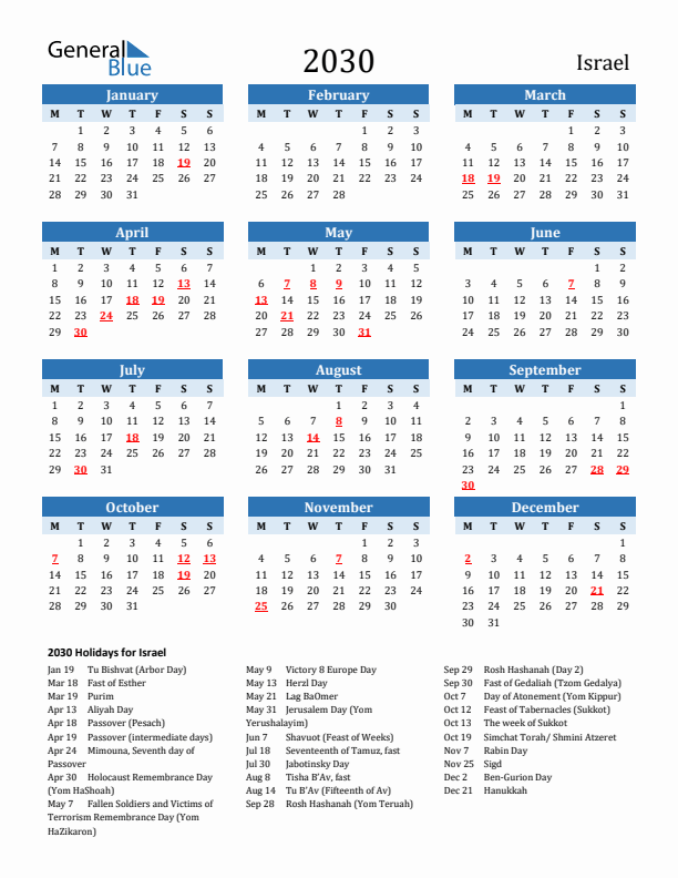 Printable Calendar 2030 with Israel Holidays (Monday Start)