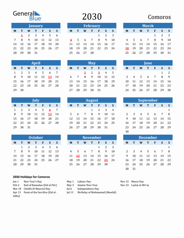 Printable Calendar 2030 with Comoros Holidays (Monday Start)