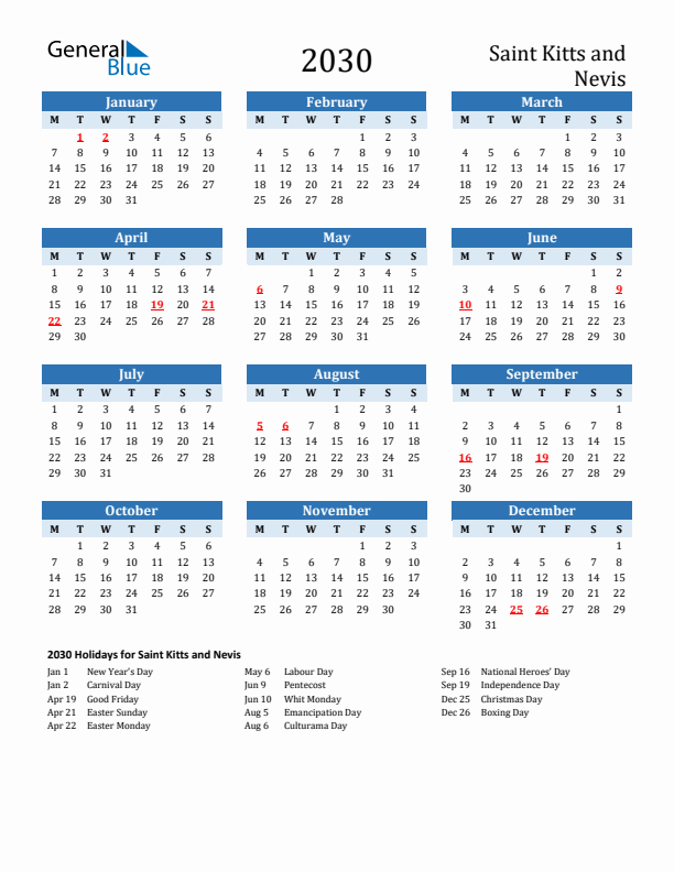 Printable Calendar 2030 with Saint Kitts and Nevis Holidays (Monday Start)