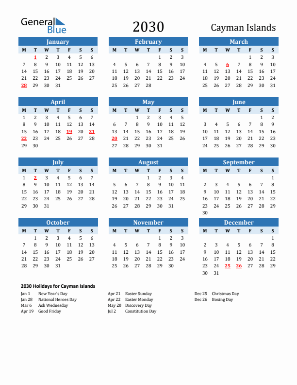 Printable Calendar 2030 with Cayman Islands Holidays (Monday Start)