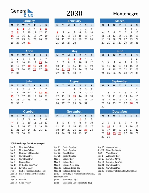 Printable Calendar 2030 with Montenegro Holidays (Monday Start)