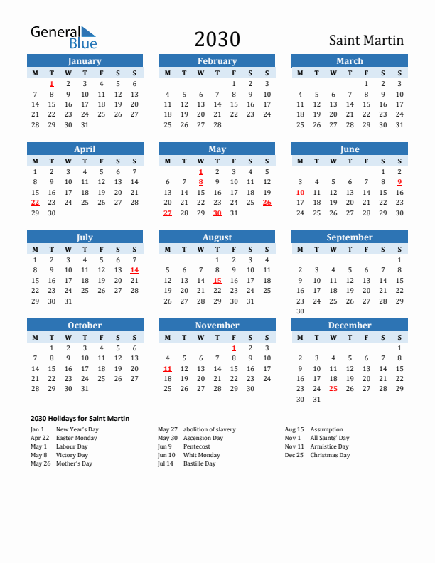 Printable Calendar 2030 with Saint Martin Holidays (Monday Start)