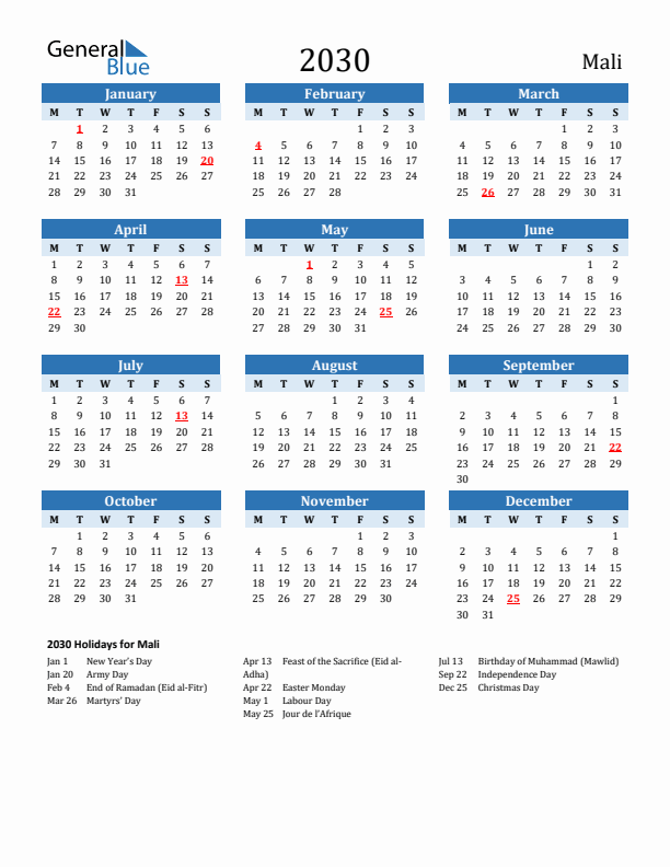 Printable Calendar 2030 with Mali Holidays (Monday Start)