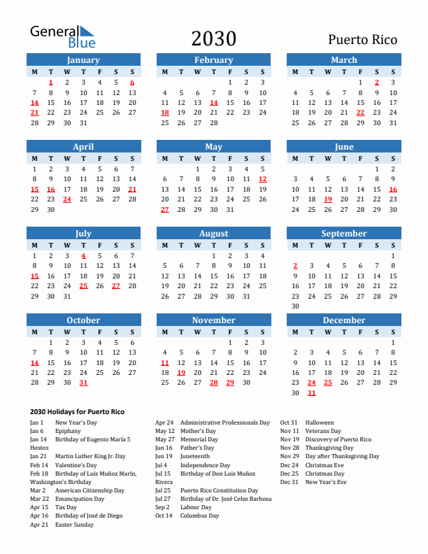 Printable Calendar 2030 with Puerto Rico Holidays (Monday Start)