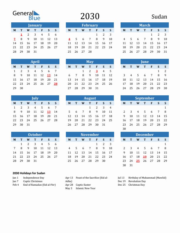 Printable Calendar 2030 with Sudan Holidays (Monday Start)