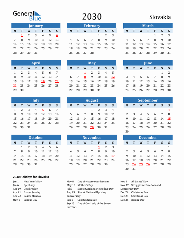 Printable Calendar 2030 with Slovakia Holidays (Monday Start)