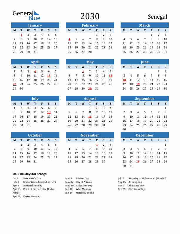Printable Calendar 2030 with Senegal Holidays (Monday Start)