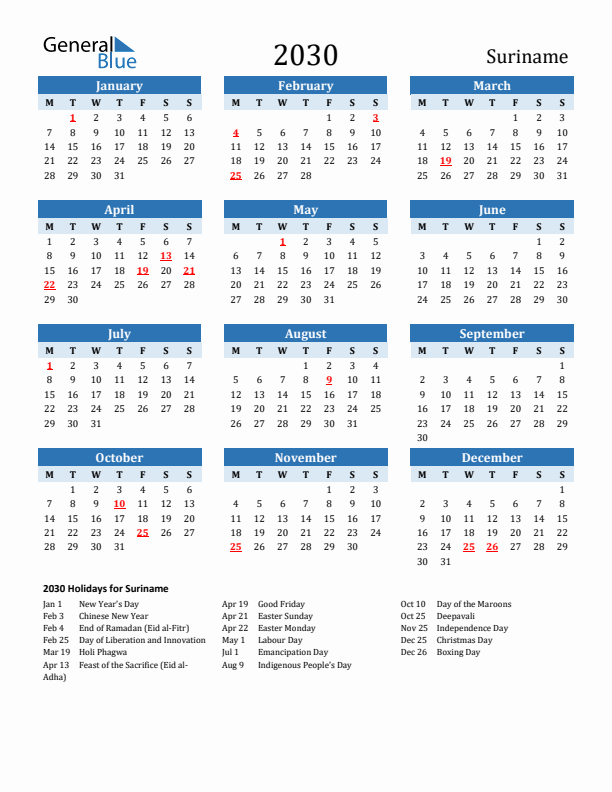 Printable Calendar 2030 with Suriname Holidays (Monday Start)