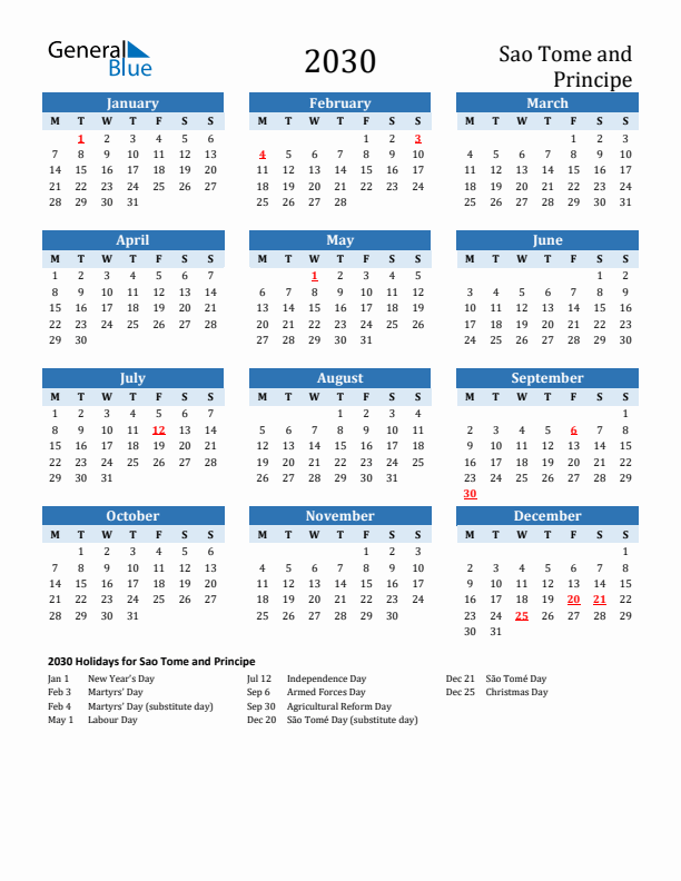 Printable Calendar 2030 with Sao Tome and Principe Holidays (Monday Start)