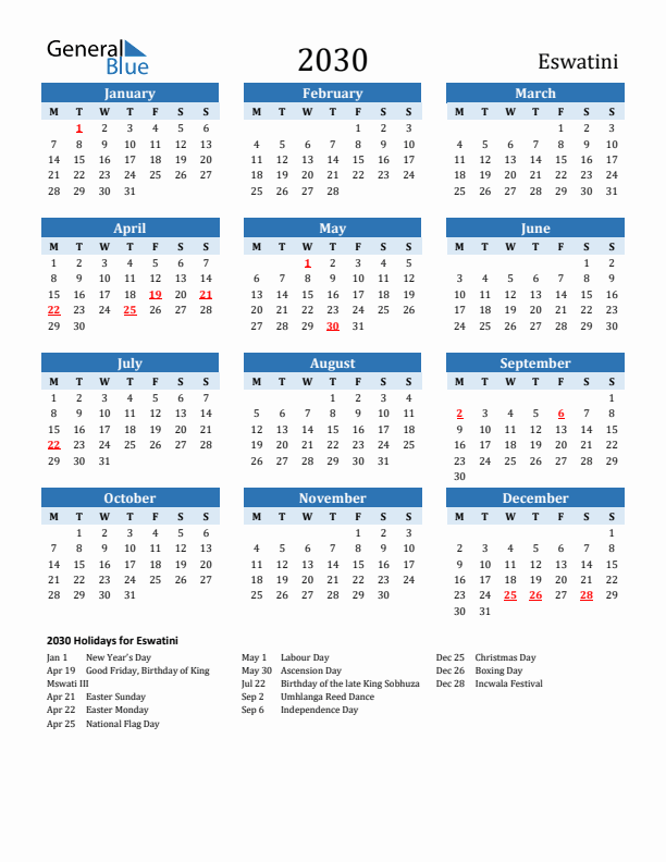 Printable Calendar 2030 with Eswatini Holidays (Monday Start)