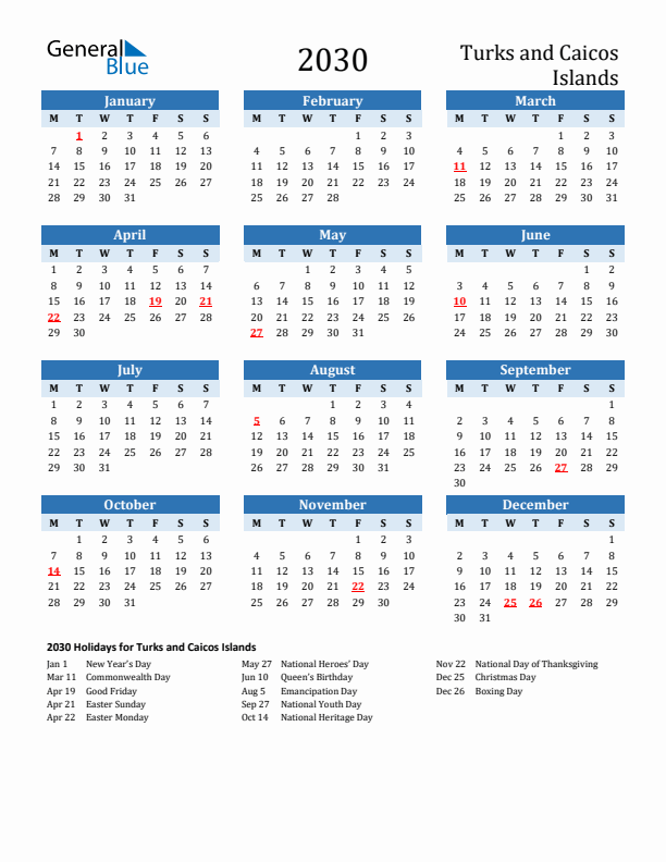Printable Calendar 2030 with Turks and Caicos Islands Holidays (Monday Start)