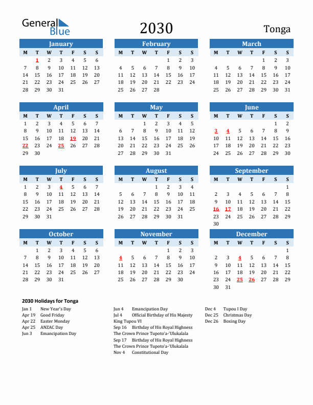 Printable Calendar 2030 with Tonga Holidays (Monday Start)