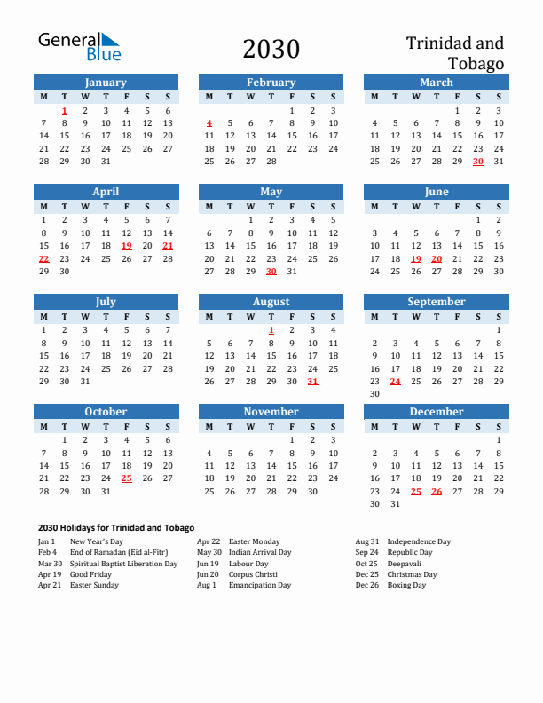 Printable Calendar 2030 with Trinidad and Tobago Holidays (Monday Start)