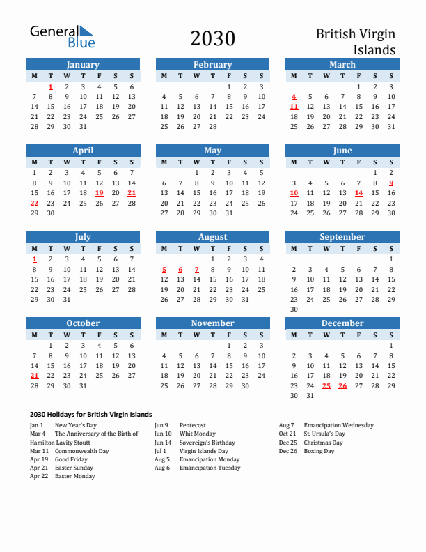 Printable Calendar 2030 with British Virgin Islands Holidays (Monday Start)