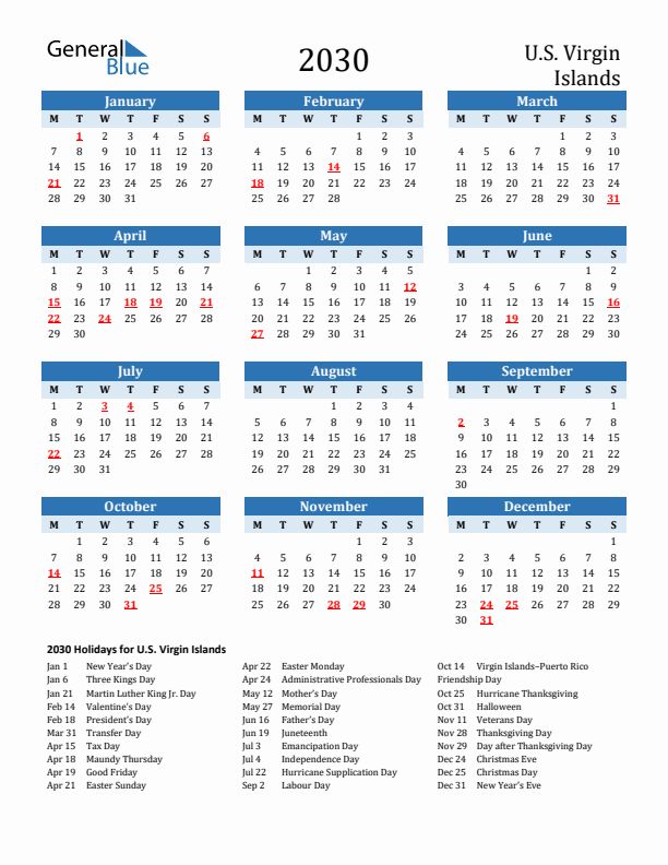 Printable Calendar 2030 with U.S. Virgin Islands Holidays (Monday Start)
