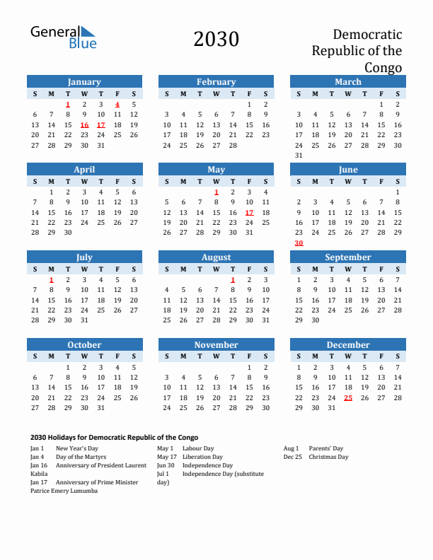 Printable Calendar 2030 with Democratic Republic of the Congo Holidays (Sunday Start)