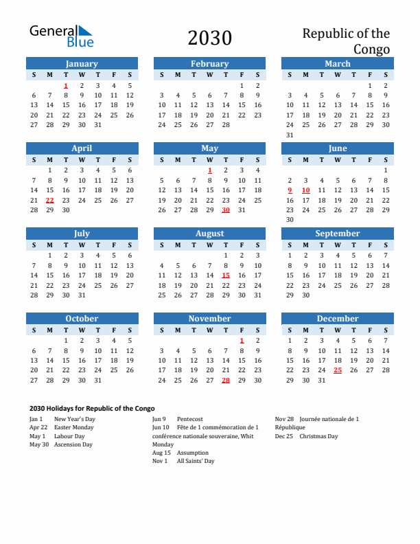Printable Calendar 2030 with Republic of the Congo Holidays (Sunday Start)