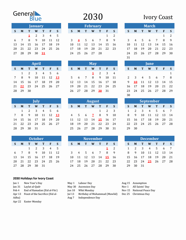 Printable Calendar 2030 with Ivory Coast Holidays (Sunday Start)