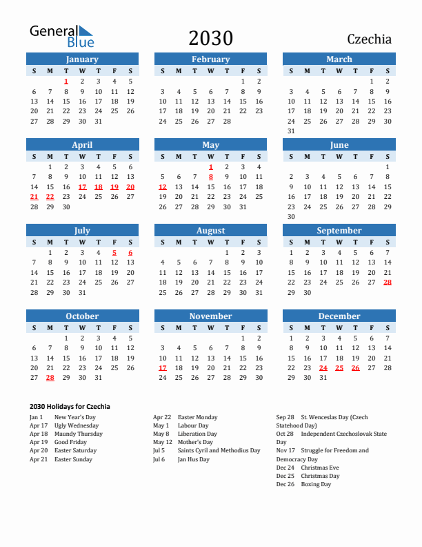 Printable Calendar 2030 with Czechia Holidays (Sunday Start)